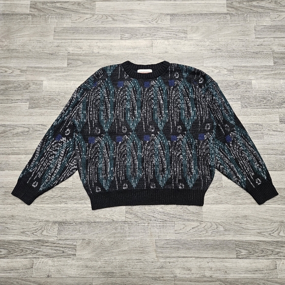 Vintage 90's Ugly Christmas Sweater Blue Geometric Size Large Retro D'Cesare - Picture 1 of 5